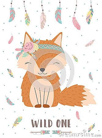 Ð¡ollection of hand-drawn boho cute fox with words Wild one. Stock Photo